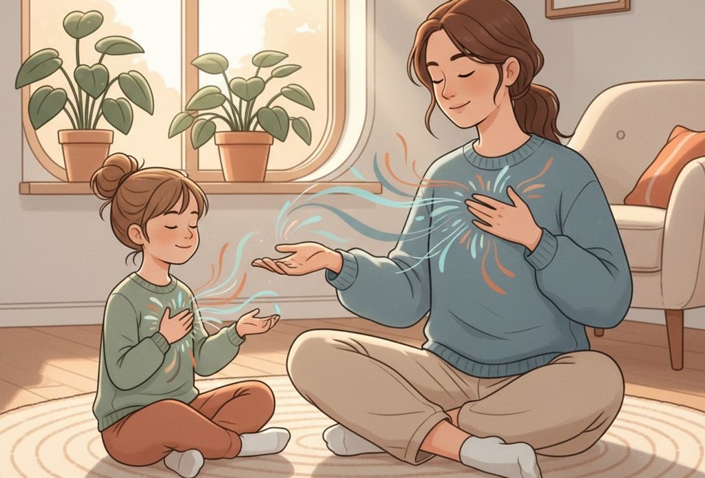 Parent and child practicing breathing and grounding exercises for anxiety management