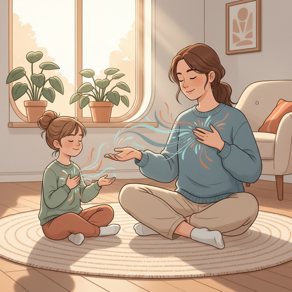 Parent and child practicing breathing and grounding exercises for anxiety management