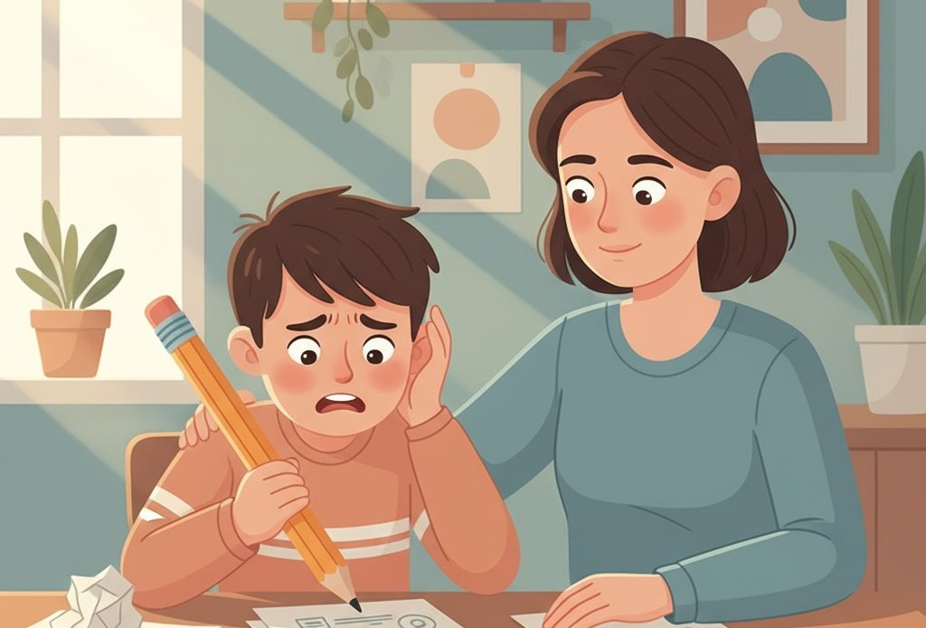Child struggling with perfectionism at desk while parent offers supportive guidance