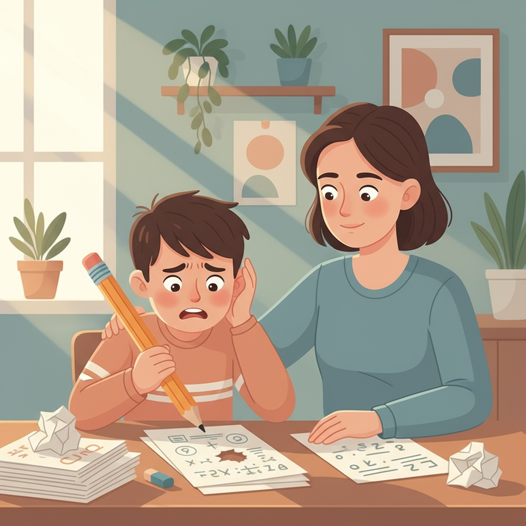 Child struggling with perfectionism at desk while parent offers supportive guidance